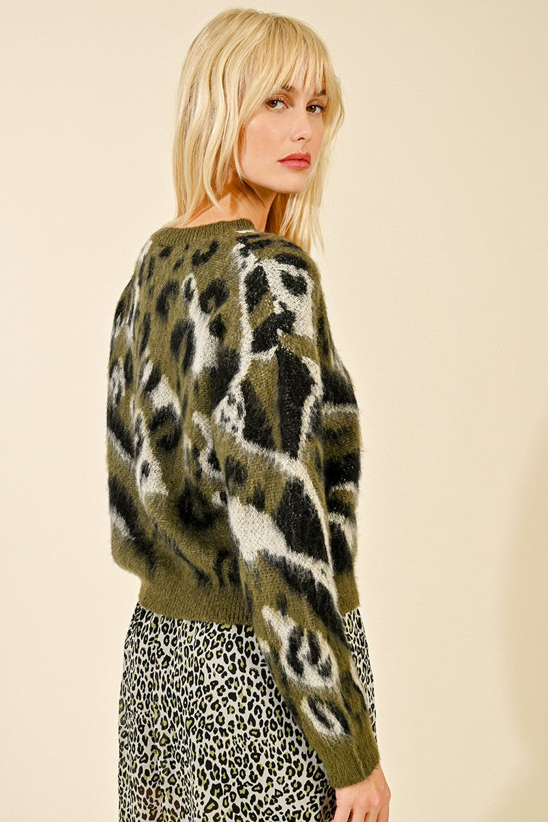 Molly Bracken Khaki Animal Print Jumper From The Back