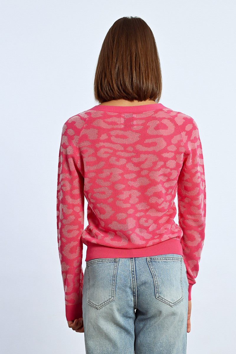 Molly Bracken Pink Leopard Print Cardigan From The Back 