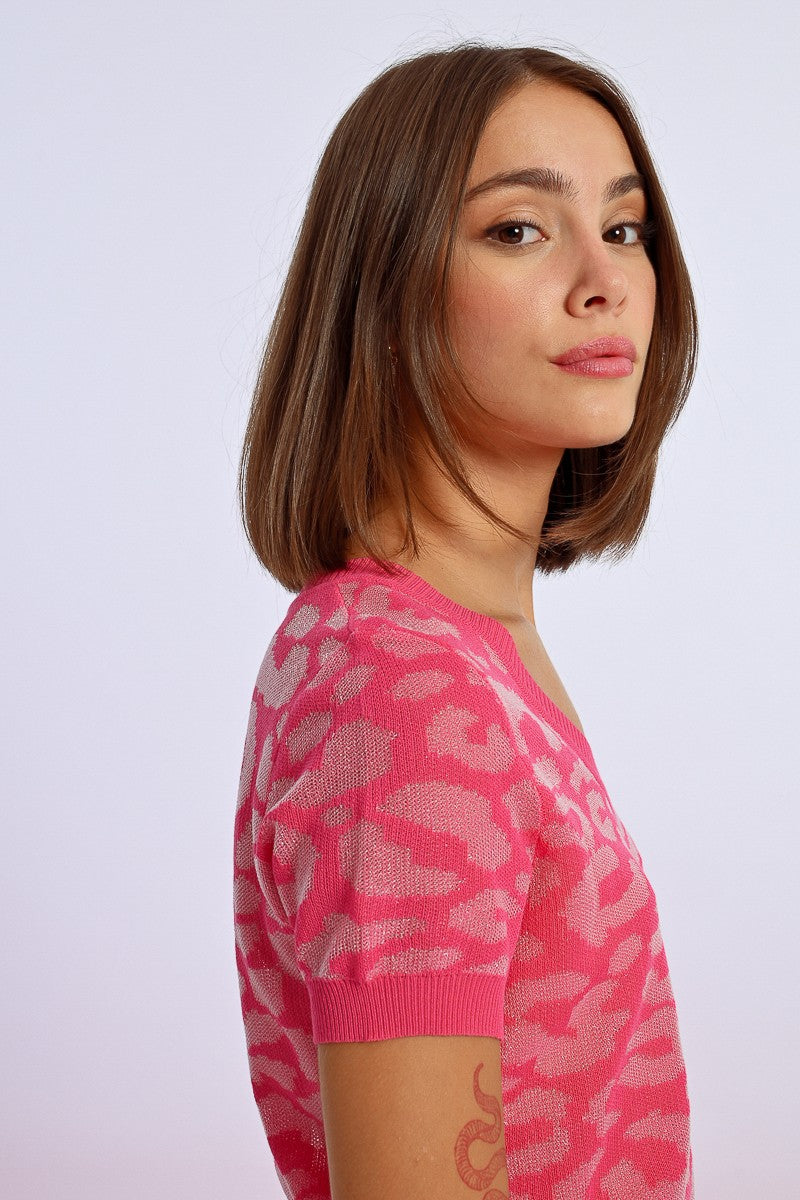 Molly Bracken Leopard Print Short Sleeve Jumper - Pink