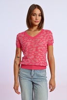 Molly Bracken Pink V-Neck Leopard Print Short Sleeve Jumper