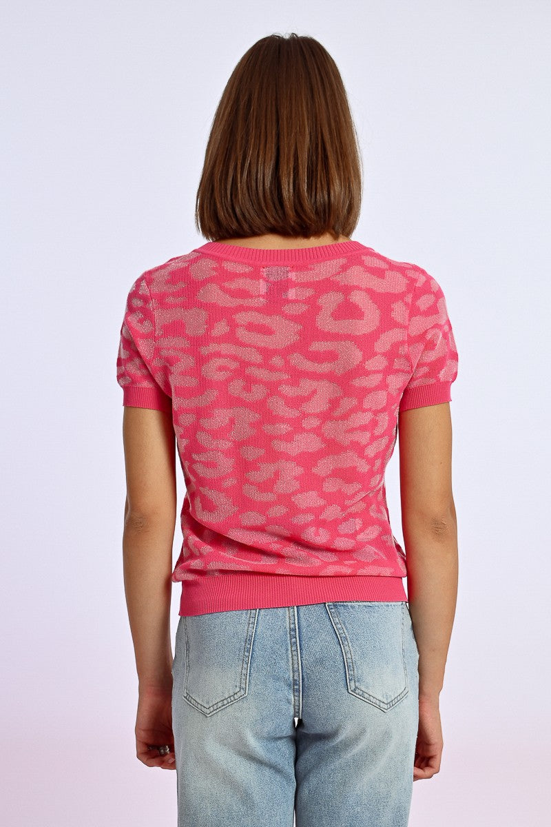 Molly Bracken Pink Leopard Print Short Sleeve Jumper From The Back 