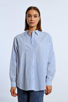 Molly Bracken Oversized Iridescent Striped Shirt In Blue