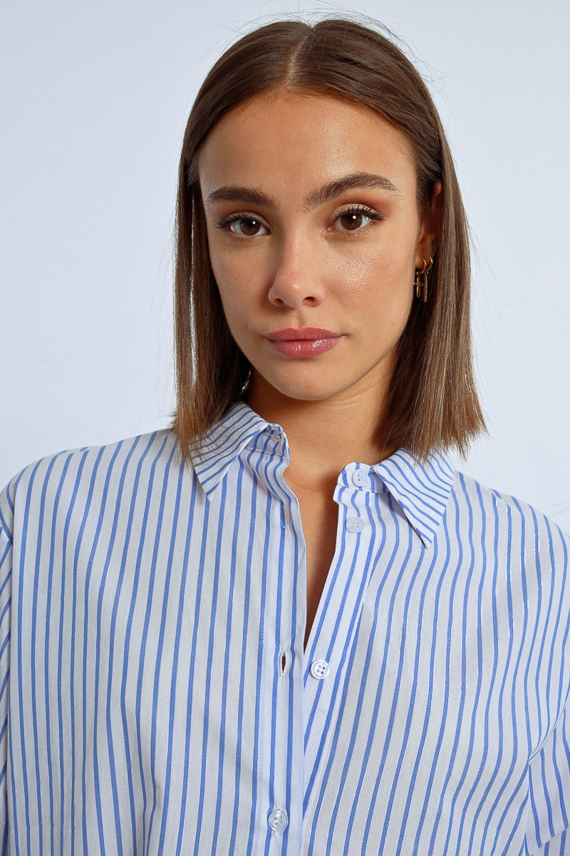 Molly Bracken Blue/White Oversized Iridescent Striped Shirt