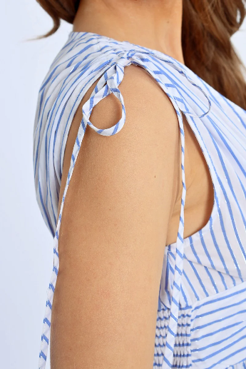 Close-up of adjustable tie shoulder detail on striped Molly Bracken dress