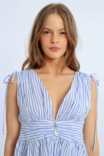 Detailed view of V-neckline and gathered waist with buttons on Molly Bracken dress