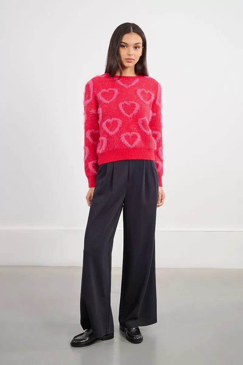 Molly Bracken Red heart motif knit jumper styled with wide leg trousers