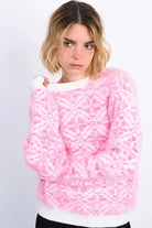 Molly Bracken pink textured cozy jumper styled with black shorts