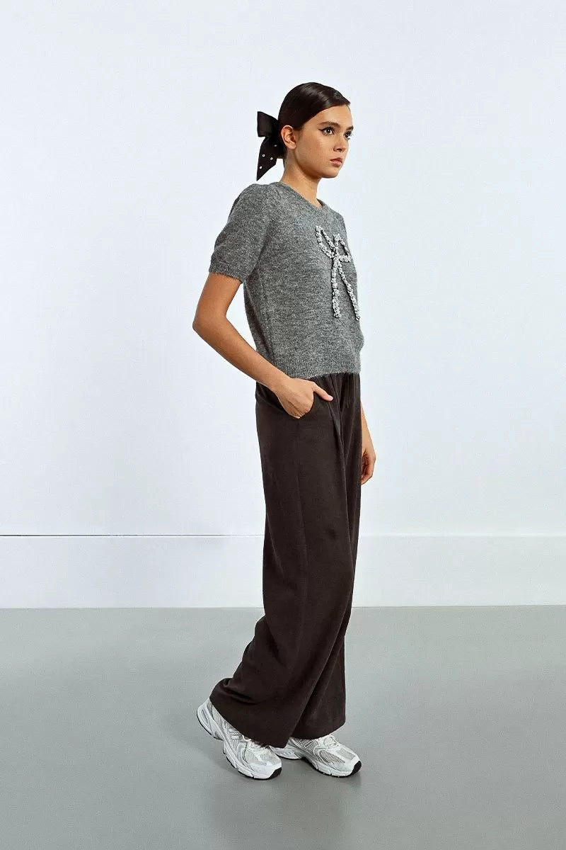 Grey short sleeve Molly Bracken jumper with sequins shown in profile view