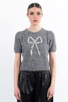 Molly Bracken grey short sleeve jumper with sequin bow detai