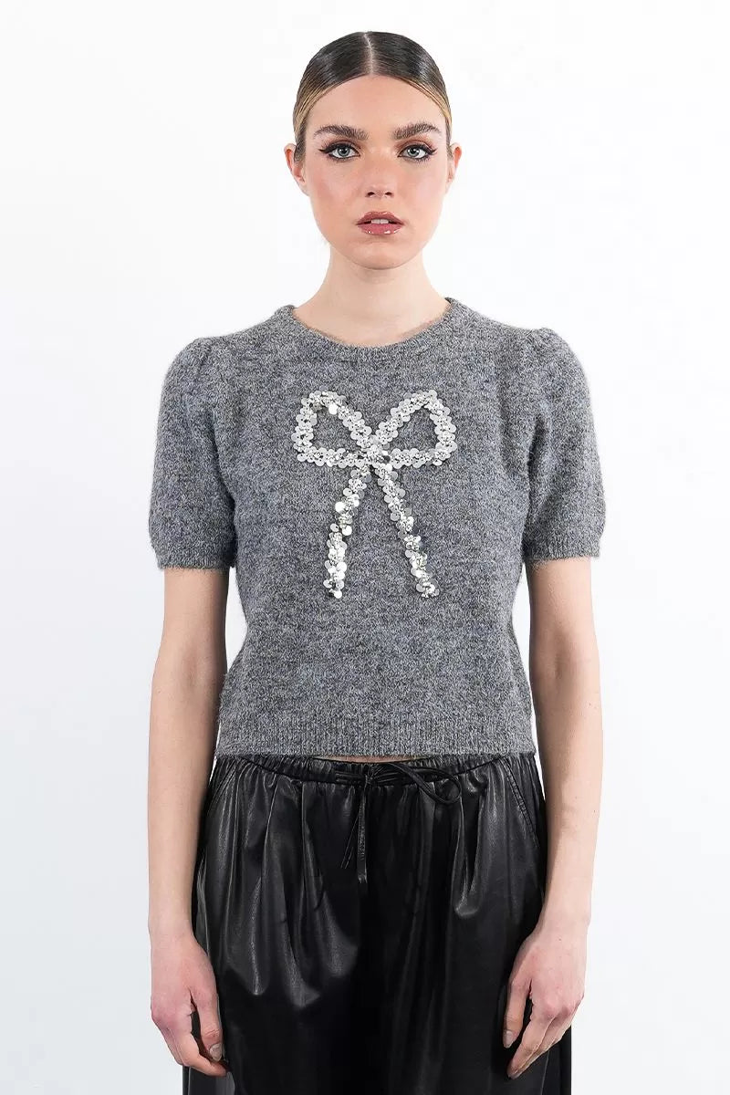 Molly Bracken grey short sleeve jumper with sequin bow detai