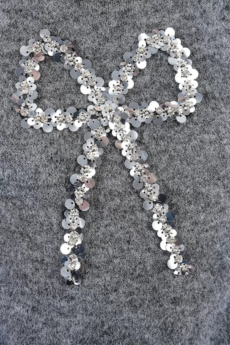 Sparkly bow detail on Molly Bracken short sleeve wool blend grey jumper