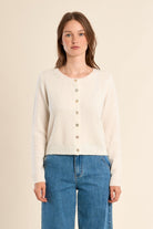 Molly Bracken cream round neck knitted cardigan with contrast buttons