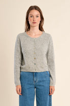 Molly Bracken grey round neck knitted cardigan with contrast buttons