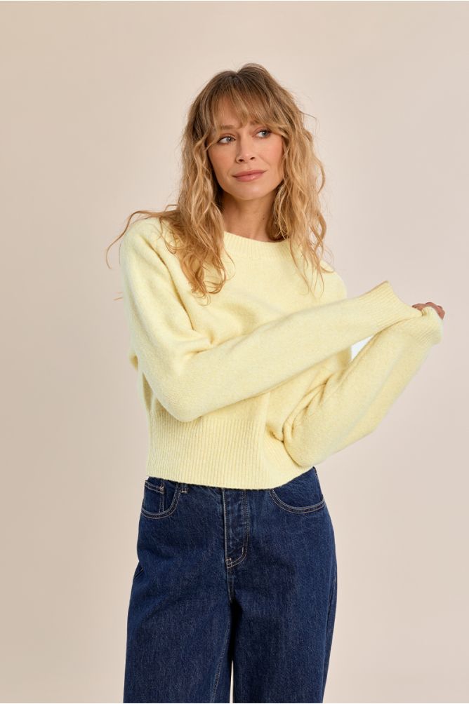 Molly Bracken yellow ribbed jumper front view on model