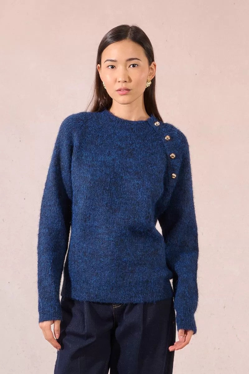 Molly Bracken blue soft knit jumper with button detail, front view