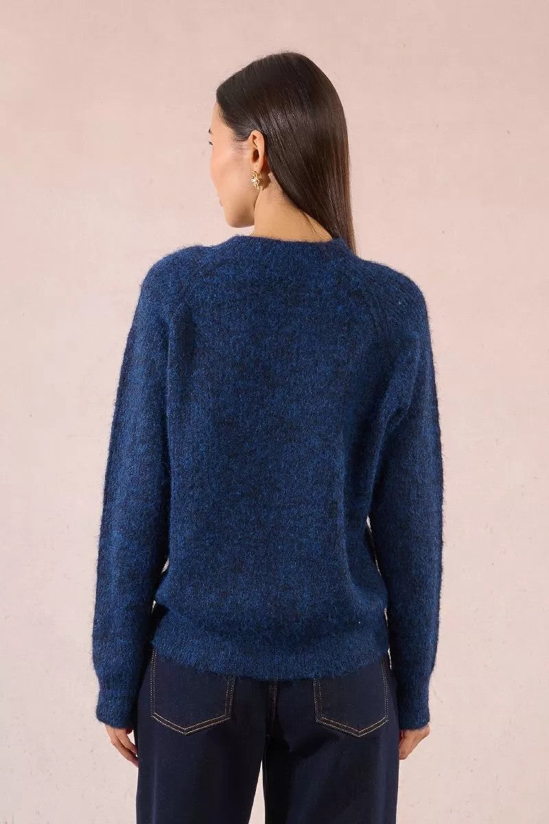 Back view of Molly Bracken blue knit jumper, long sleeves
