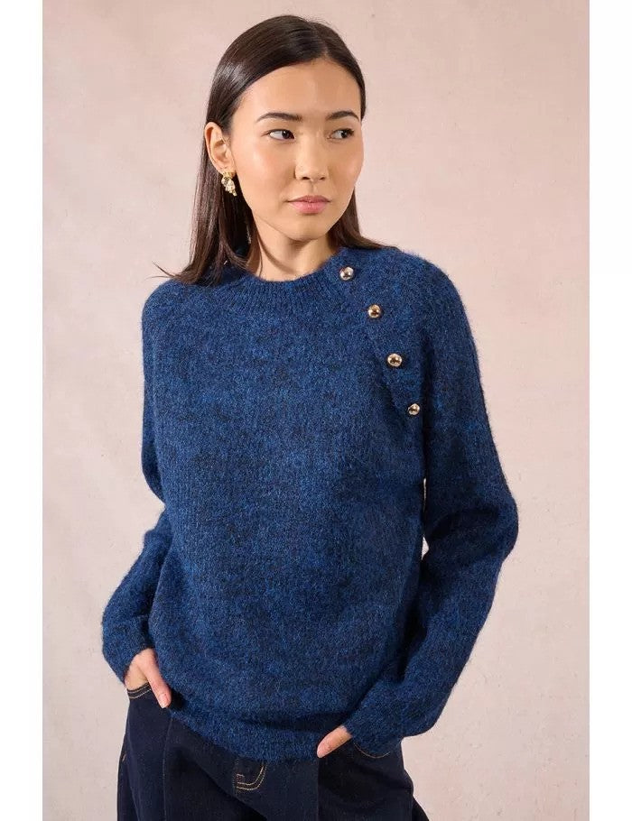 Side angle of Molly Bracken blue jumper with metallic shoulder buttons