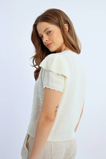 Molly Bracken Off White Short Sleeve Sequin Jumper With Frill Sleeve 
