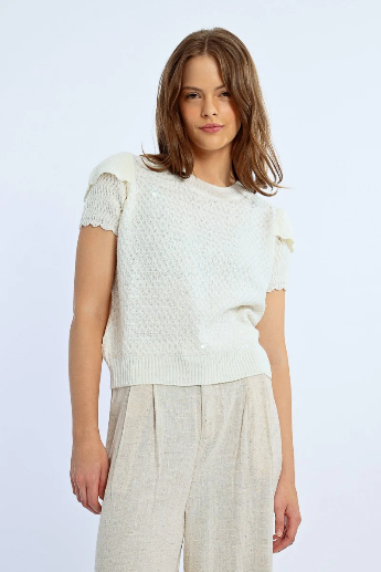 Molly Bracken Cream Short Sleeve Sequin Jumper