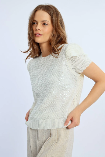 Molly Bracken Off White Short Sleeve Sequin Jumper