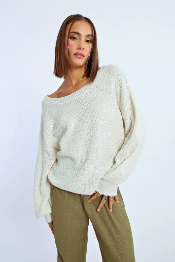 Molly Bracken Off White Oversized Sequin Knit Jumper