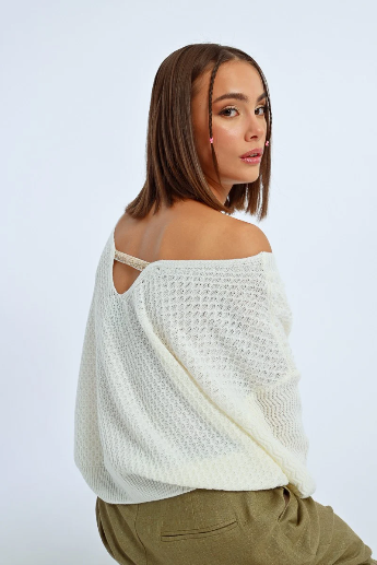 Molly Bracken Off White Oversized Sequin Knit Sweater With V Back