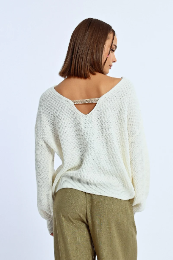 Molly Bracken Off White Oversized Sequin Knit Jumper With V Back