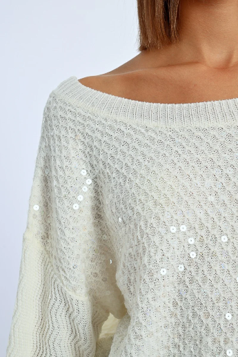 Molly Bracken Off White Oversized Sequin Detail Boat Neck Jumper 