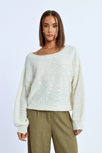 Molly Bracken Off White Oversized Sequin Knit Sweater