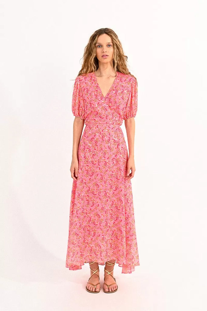 Molly Bracken Pink Lola Wrap Style Short Sleeve Maxi Dress