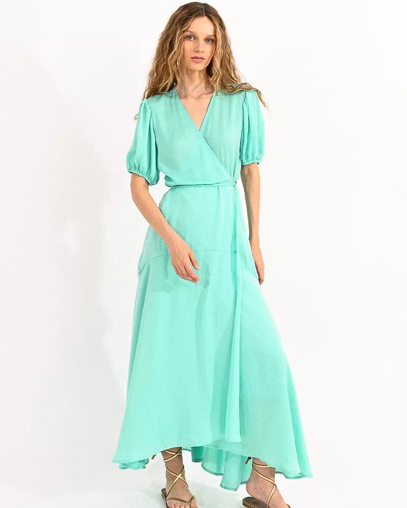 Molly Bracken Aqua Elbow Sleeve Wrap Style Long Dress
