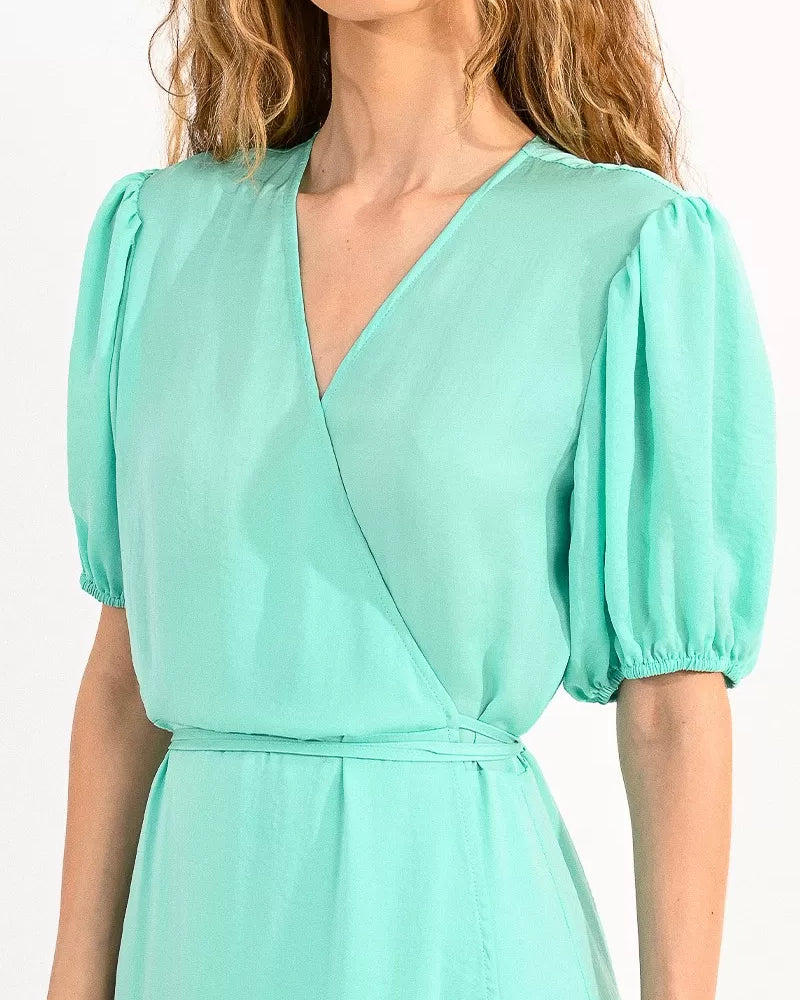 Molly Bracken Aqua Elbow Sleeve Wrap Style Maxi Dress With V Neck