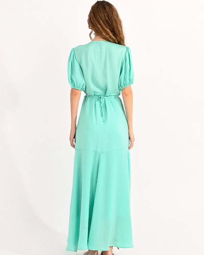 Molly Bracken Aqua Elbow Sleeve Wrap Style Maxi Dress From Back