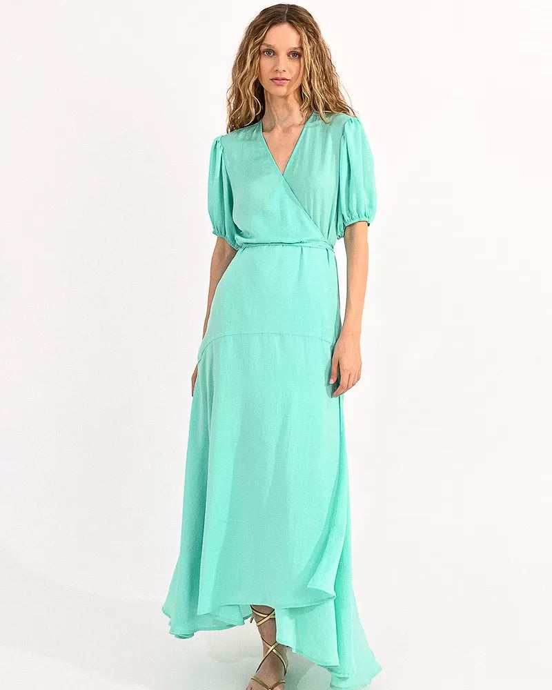 Molly Bracken Aqua Elbow Sleeve Wrap Style Maxi Dress