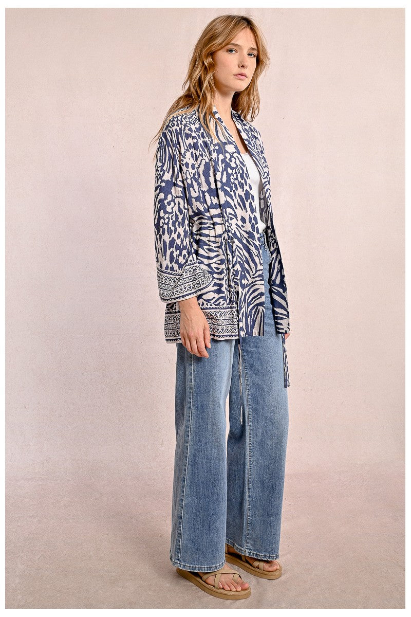 Molly Bracken Blue Zebra Print Belted Kimono Top