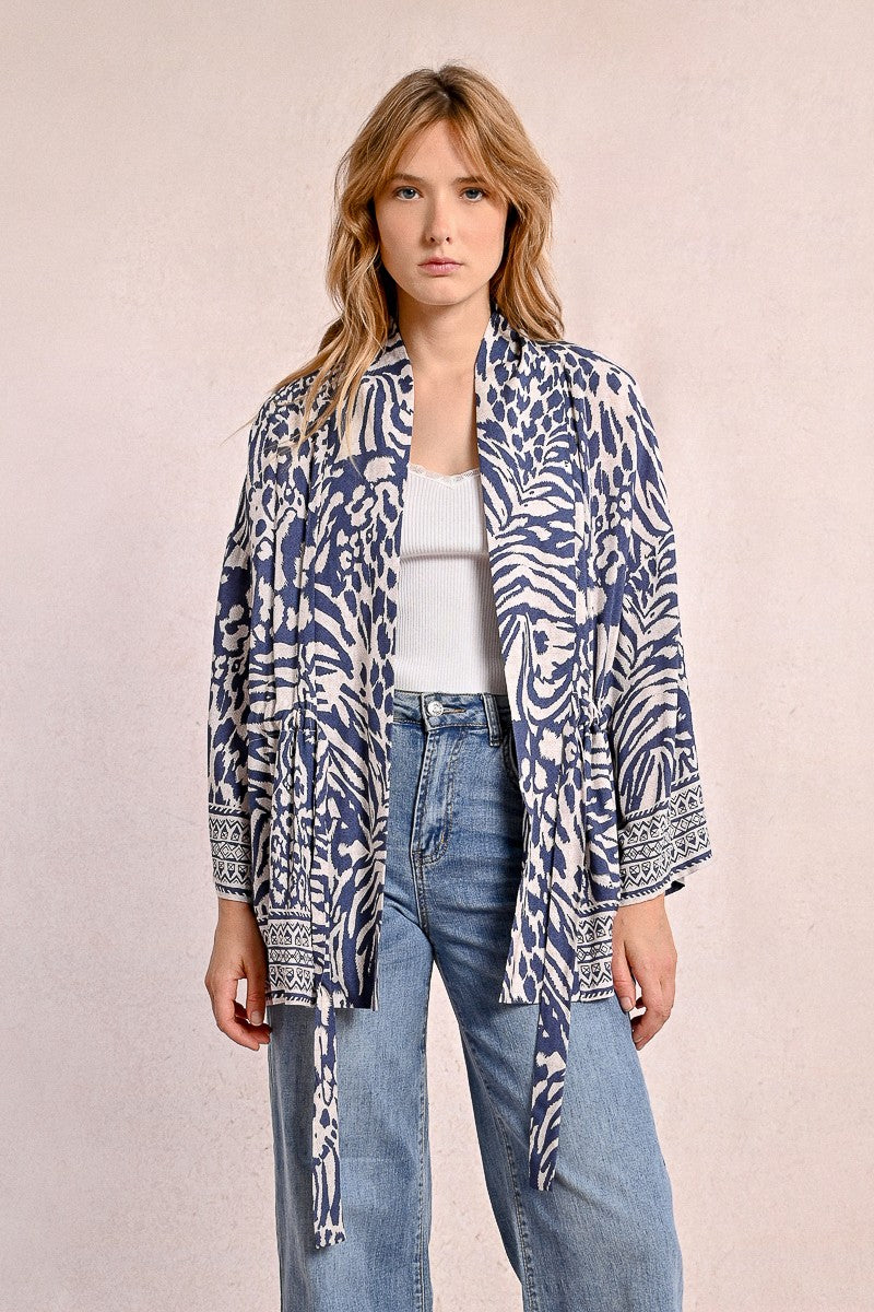 Molly Bracken Zebra Print Kimono Top In Blue