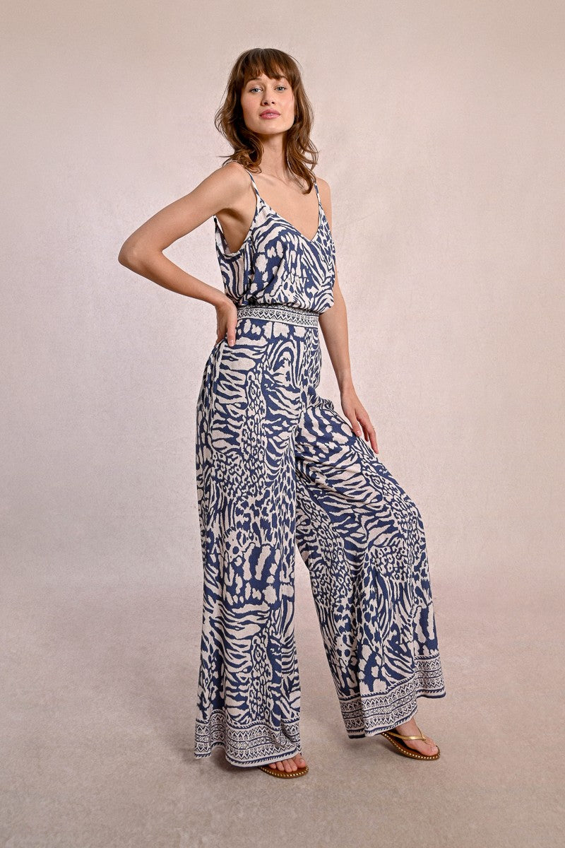 Molly Bracken High Waisted Wide Leg Zebra Print Trousers in Blue