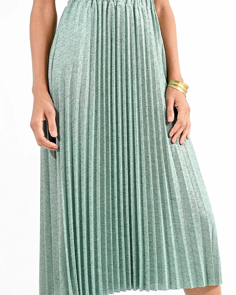 Molly Bracken Shimmery Green Pleated Midi Skirt With elastic Waist