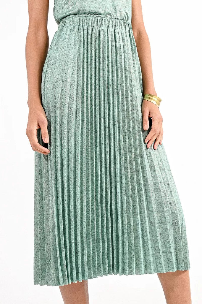 Molly Bracken Shimmery Green Pleated Midi Skirt With elastic Waist