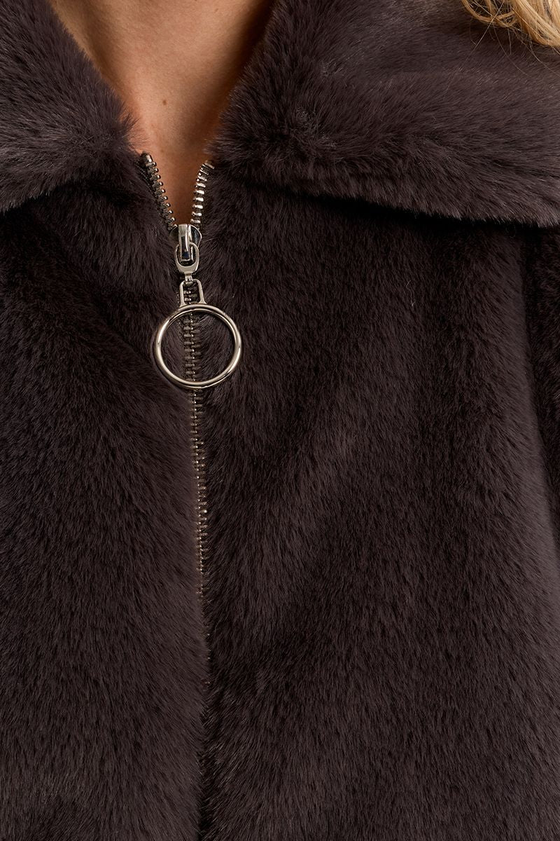 Molly Bracken grey teddy jacket with wide collar and ring-pull zip – close-up