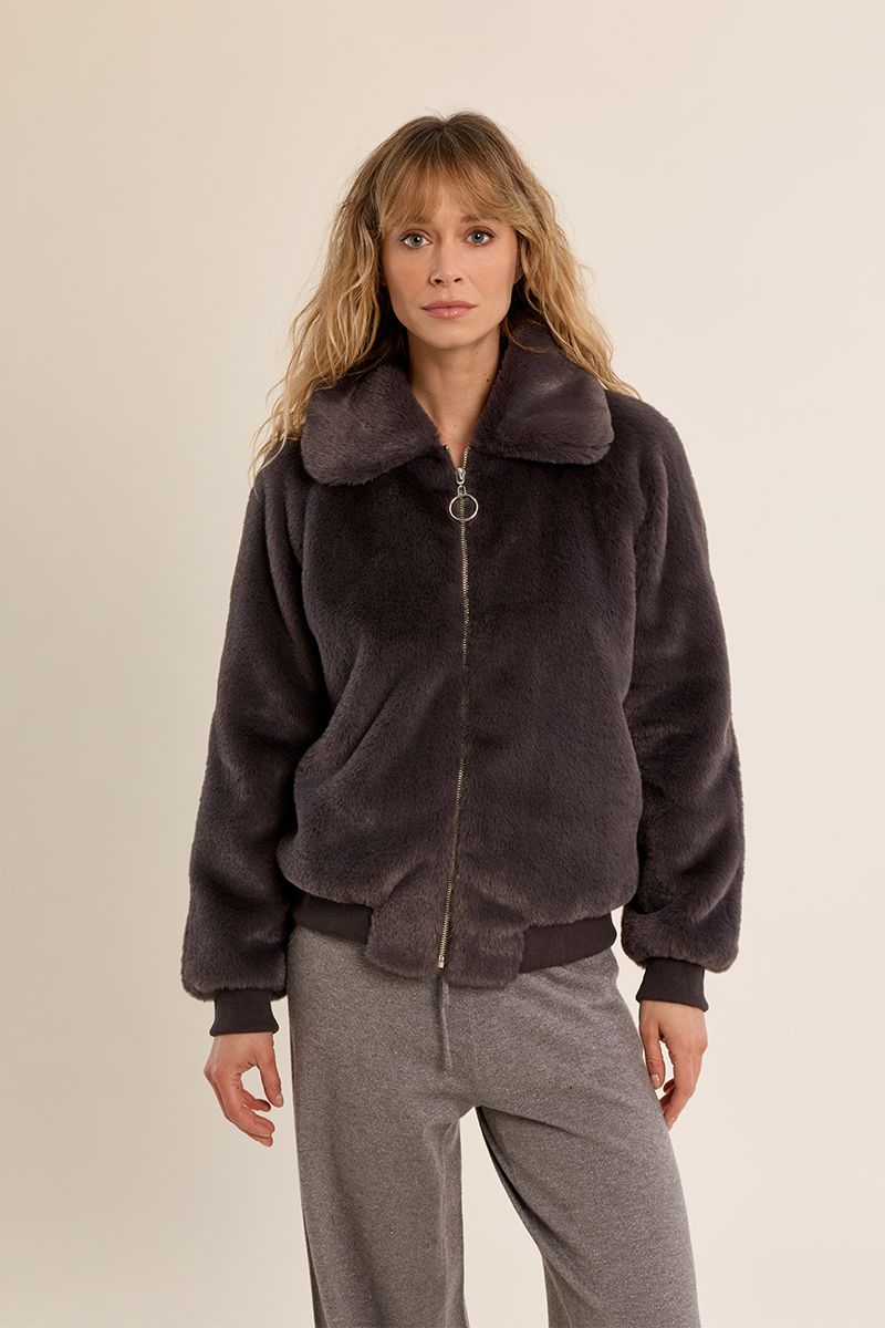 Molly Bracken chocolate brown teddy bomber jacket – front model view