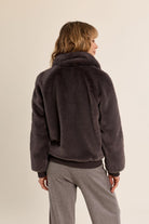Molly Bracken chocolate brown teddy bomber jacket – back model view