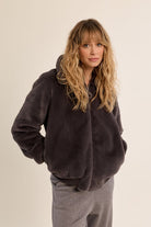 Molly Bracken chocolate brown teddy bomber jacket – three-quarter model view
