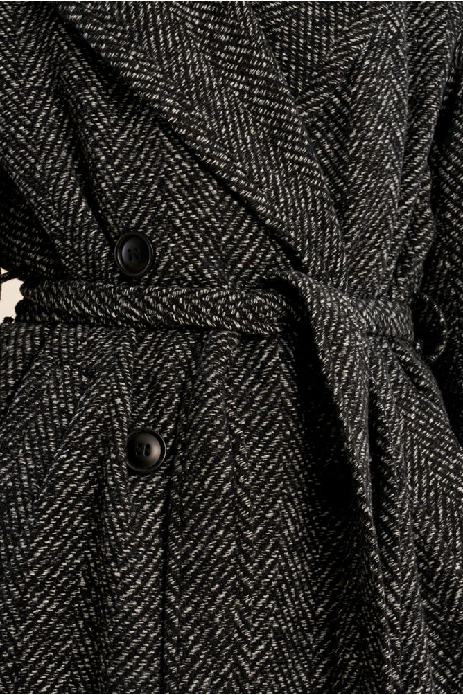 Molly Bracken charcoal herringbone coat belt and button detail close-up