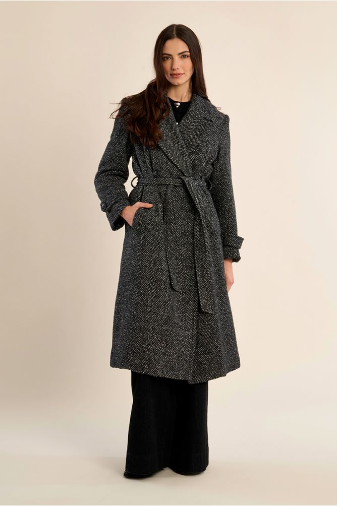Molly Bracken women’s long herringbone belted coat on model