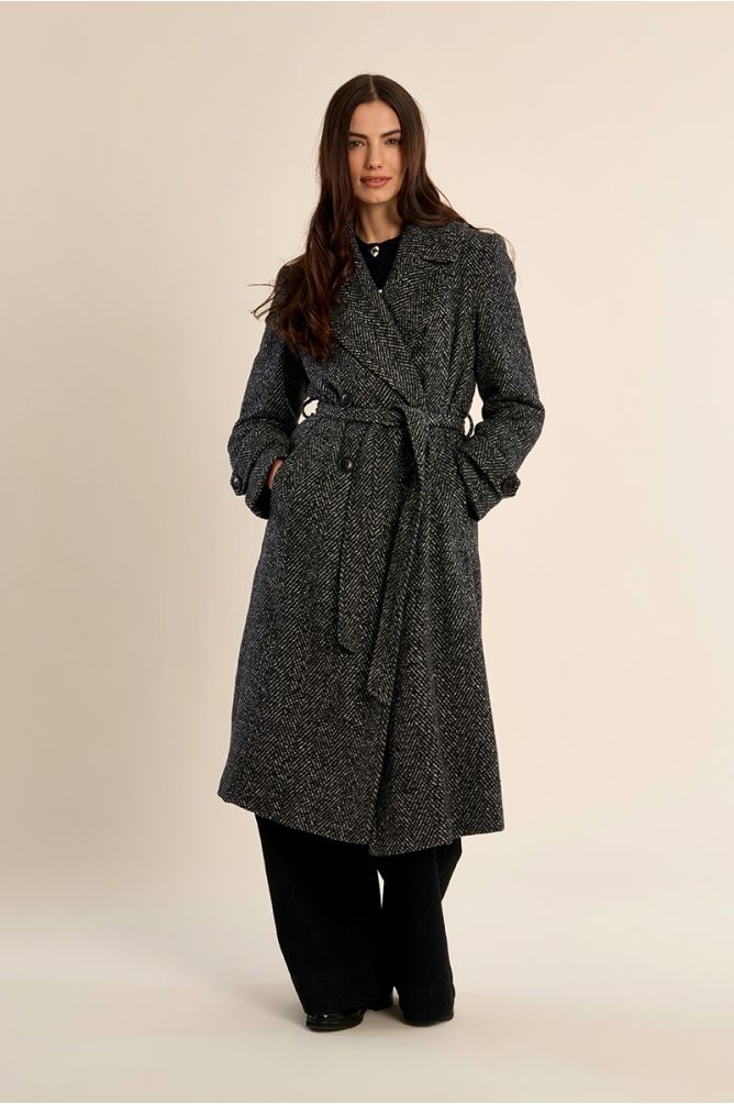 Molly Bracken charcoal double-breasted herringbone coat front view