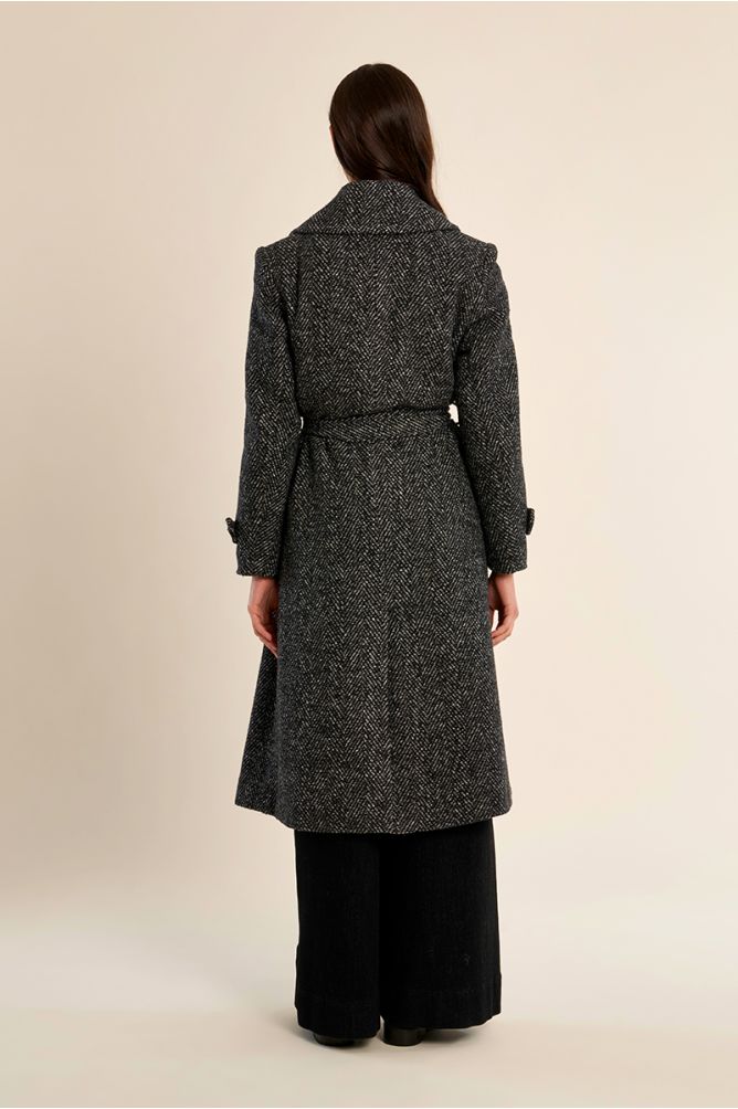 Molly Bracken long charcoal herringbone coat back view