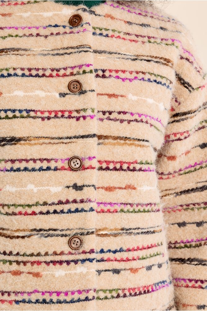 Molly Bracken fluffy striped jacket button detail close-up