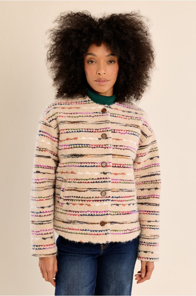 Molly Bracken cream multi-stripe fluffy button-down jacket front view