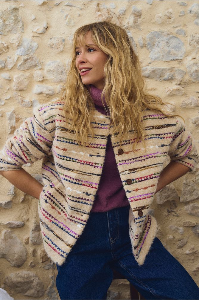 Molly Bracken fluffy striped jacket styled open over knitwear